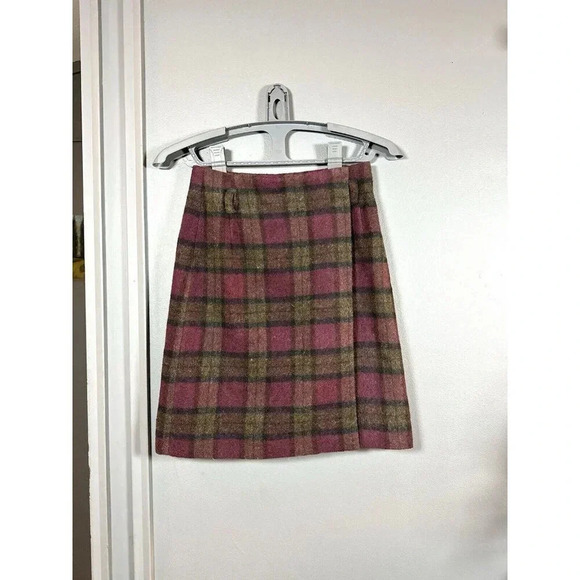 EDDIE BAUER Maroon Green Plaid Wool‎ Blend Genuine Wrap Skirt Academia 8 Midi - Picture 1 of 8